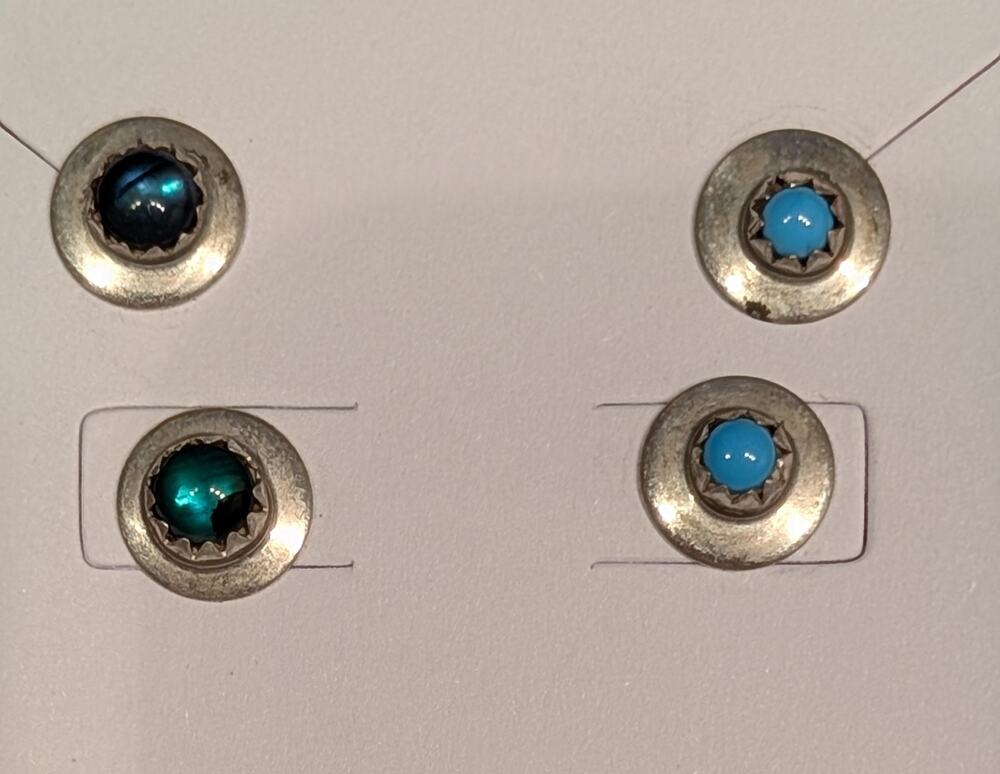 2 Pair Vintage Sterling Silver 925 Turquoise & Green Stone Stud Pierced Earrings